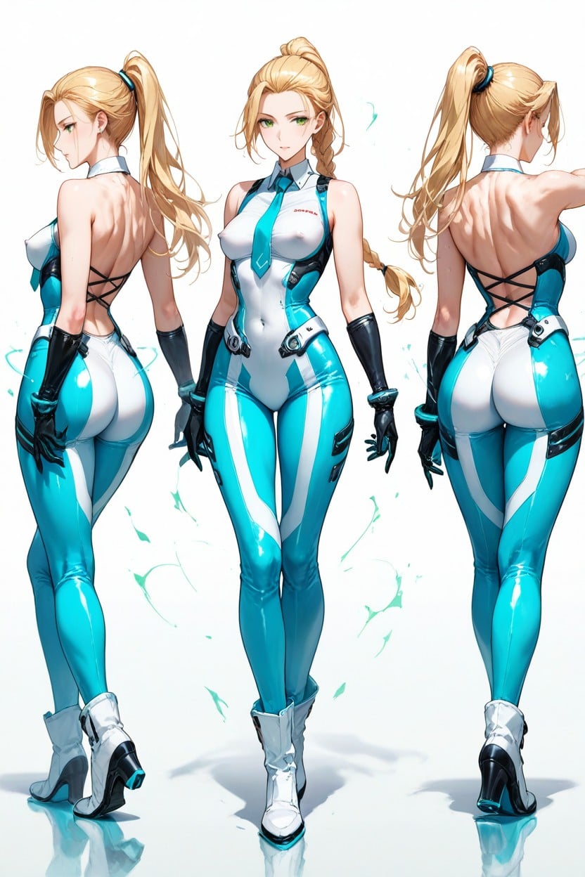 White High Boots, Erected Nipples, Blonde Sleek Pulled Back Hair Hentai AI Porn