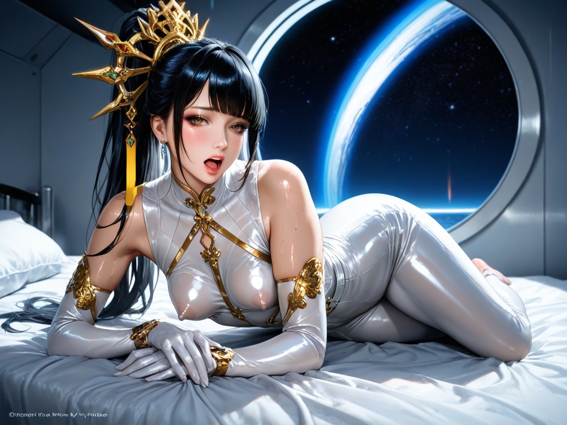 Gigantic Window, Eve Wears A Sleek Transparent White And Grey Panelled Futuristic Combat Sleeveless Bodysuit, Dramatic Lighting Hentai AI Porn