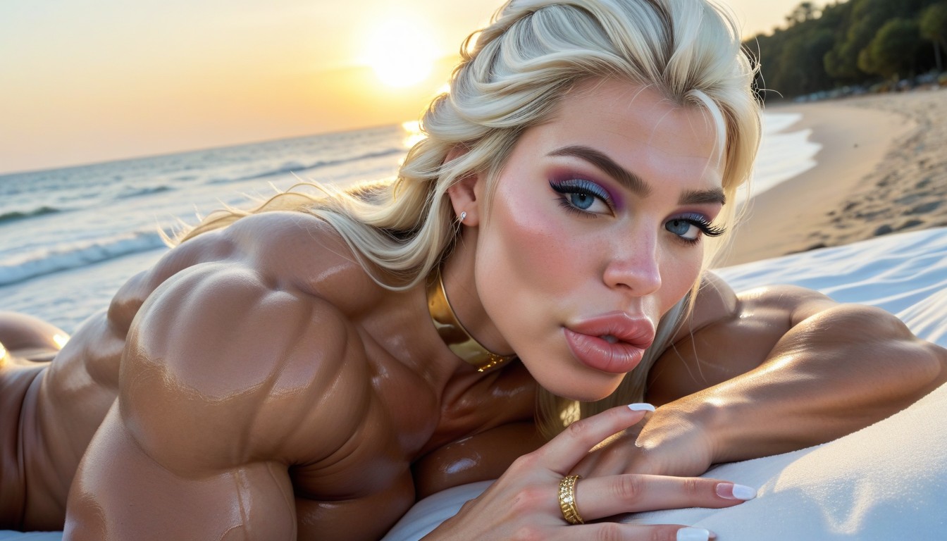 Laying On A Sun Lounge, Muscular Shoulders, Heavy Eyeshadow AI Porn