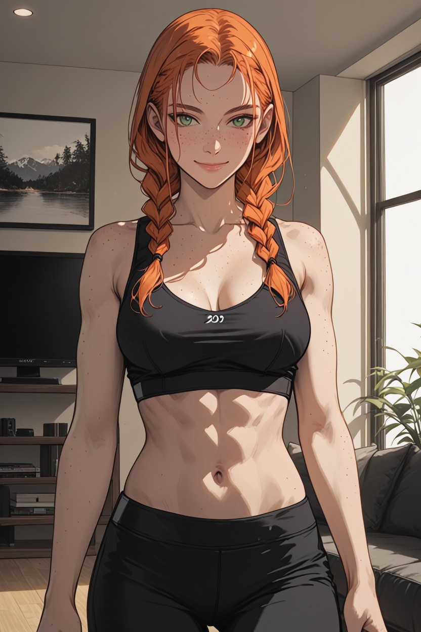 Living Room, Skinny, Freckles Hentai AI Porn