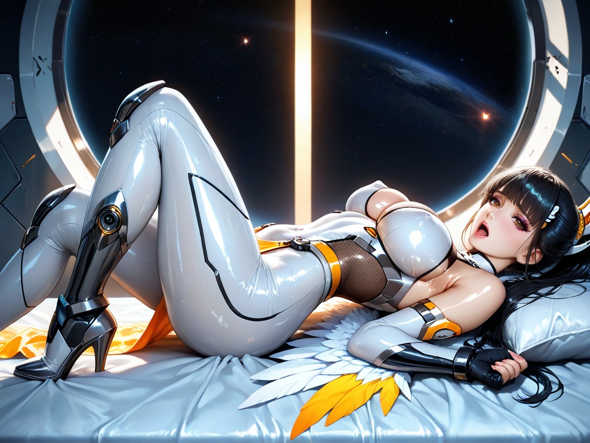 Korean Woman With Brown Eyes And Black Hair, Skinny, Night Upper Atmosphere On The Edge Of Space Hentai AI Porn