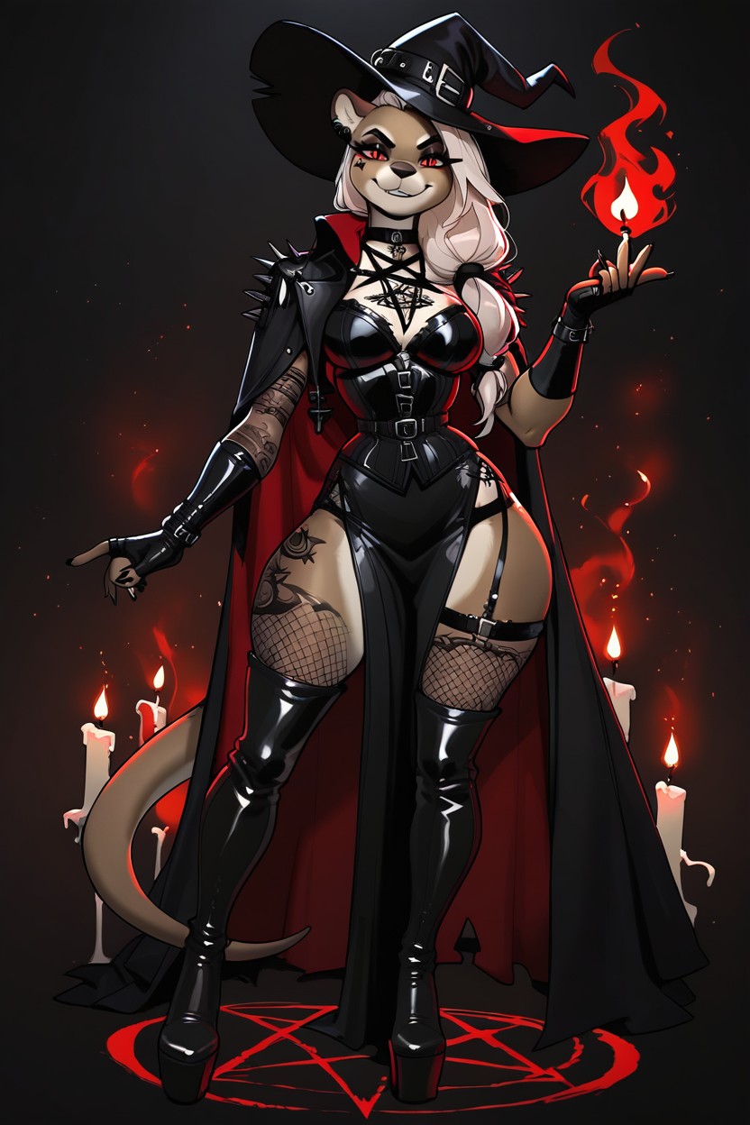Big Witch Hat, Black Ink Tattoos On Shoulders, Dark Red Eyes Furry AI Porn