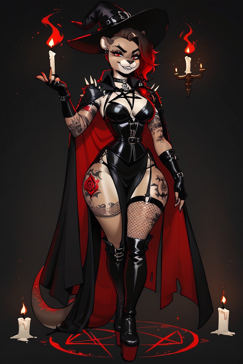 One Side Slit Skirt, Big Witch Hat, Black Witch Cape Furry AI Porn