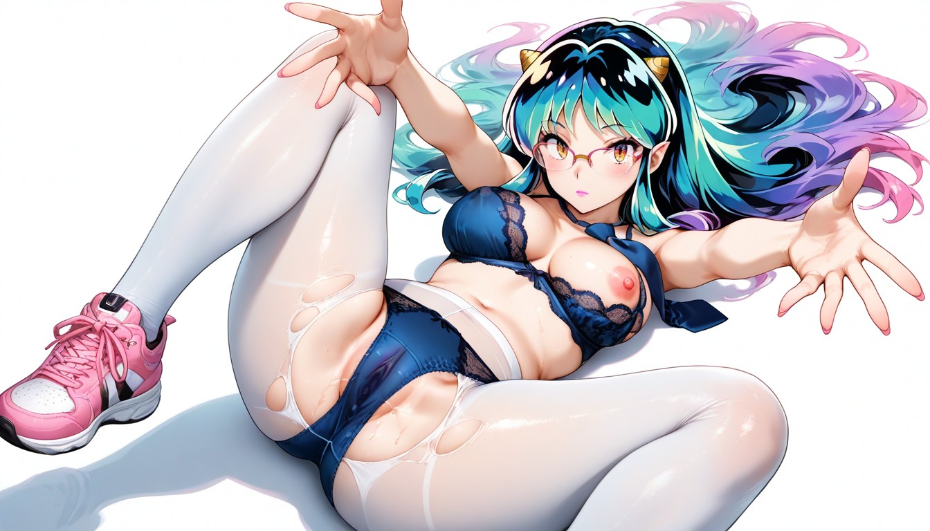 Arms Spread, Stretch Your Toes Outs, Nipples Visible Through Navy Blue Lace Bra Hentai AI Porn