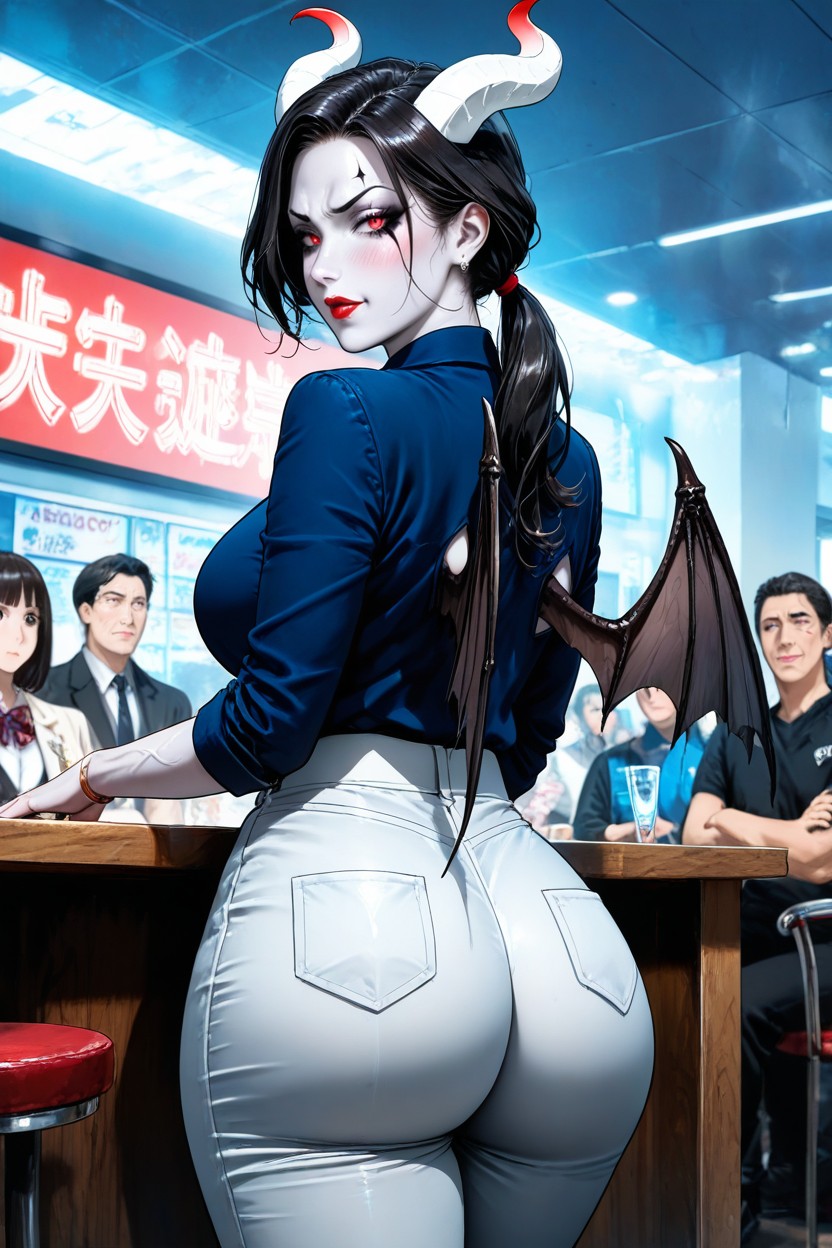 White Horns, Downward Sloping Eyebrows, Indoors Hentai AI Porn