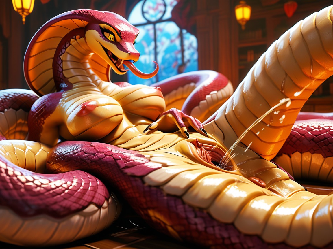 Tongue Out, Snake Coiled On The Sole, Pussy Dripping Furry AI Porn