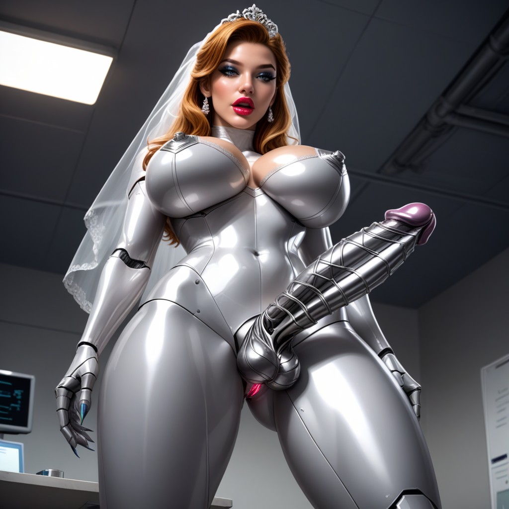 Futanari, Completely Metallic Pussy And Anus, From Head To Toe Extremely Shiny Metallic Denise Richards AI Porn