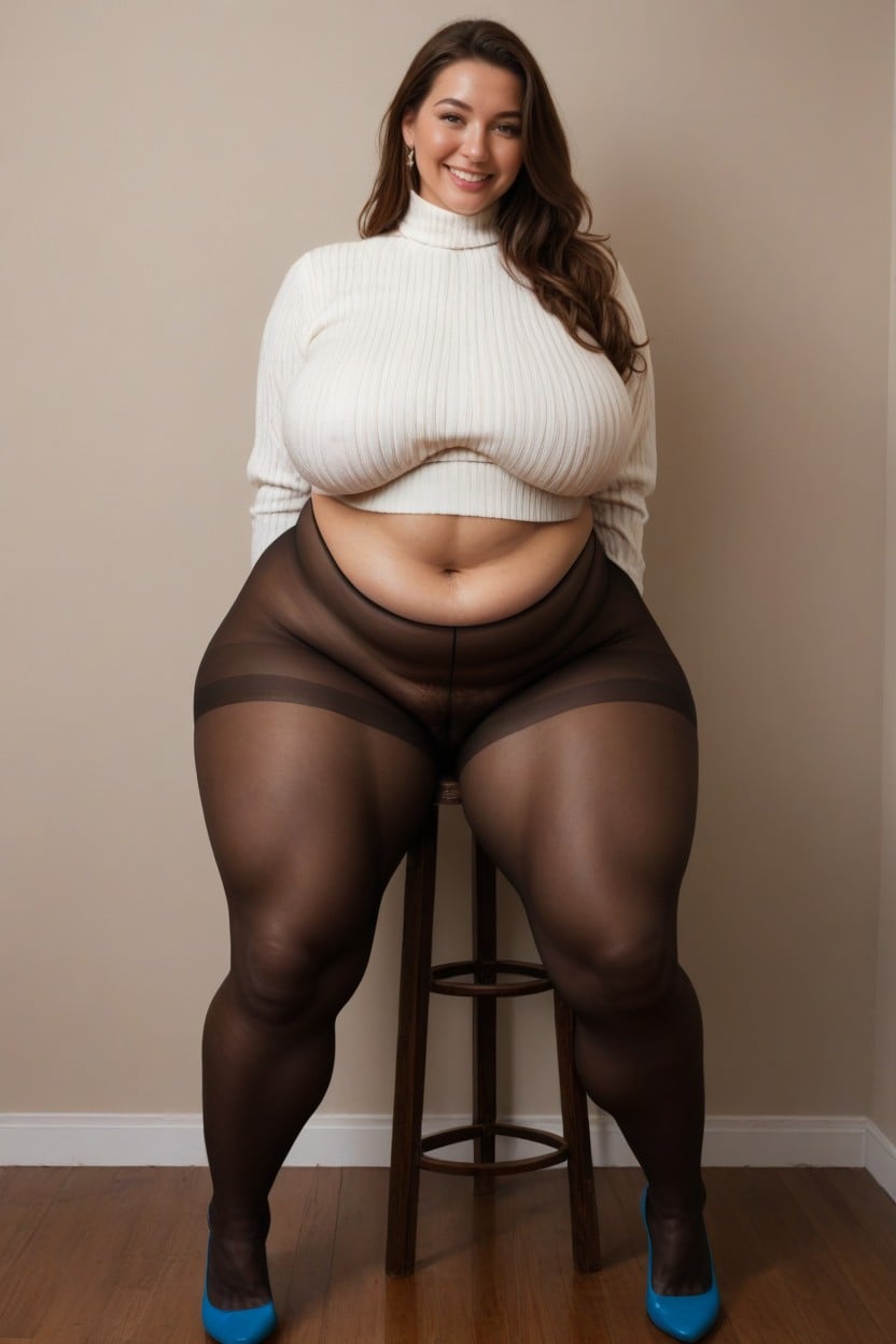 Super Giant Tits, Dark Pantyhose, Blue Stiletto Heels AI Porn