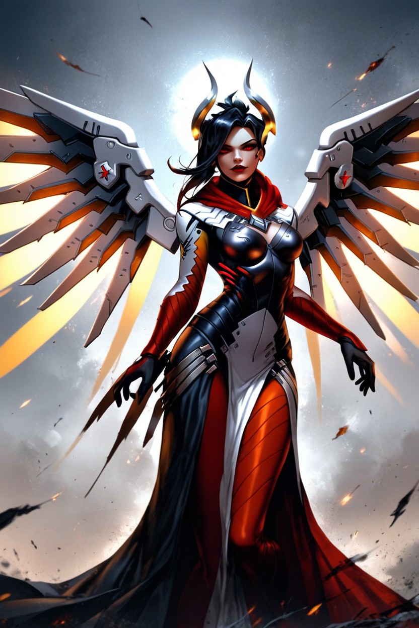 Mercy Is Kneeling Down And Turned To Her Side, And Slightly Disdainful Stance, She Sports Elegant White Horns Hentai AI Porn
