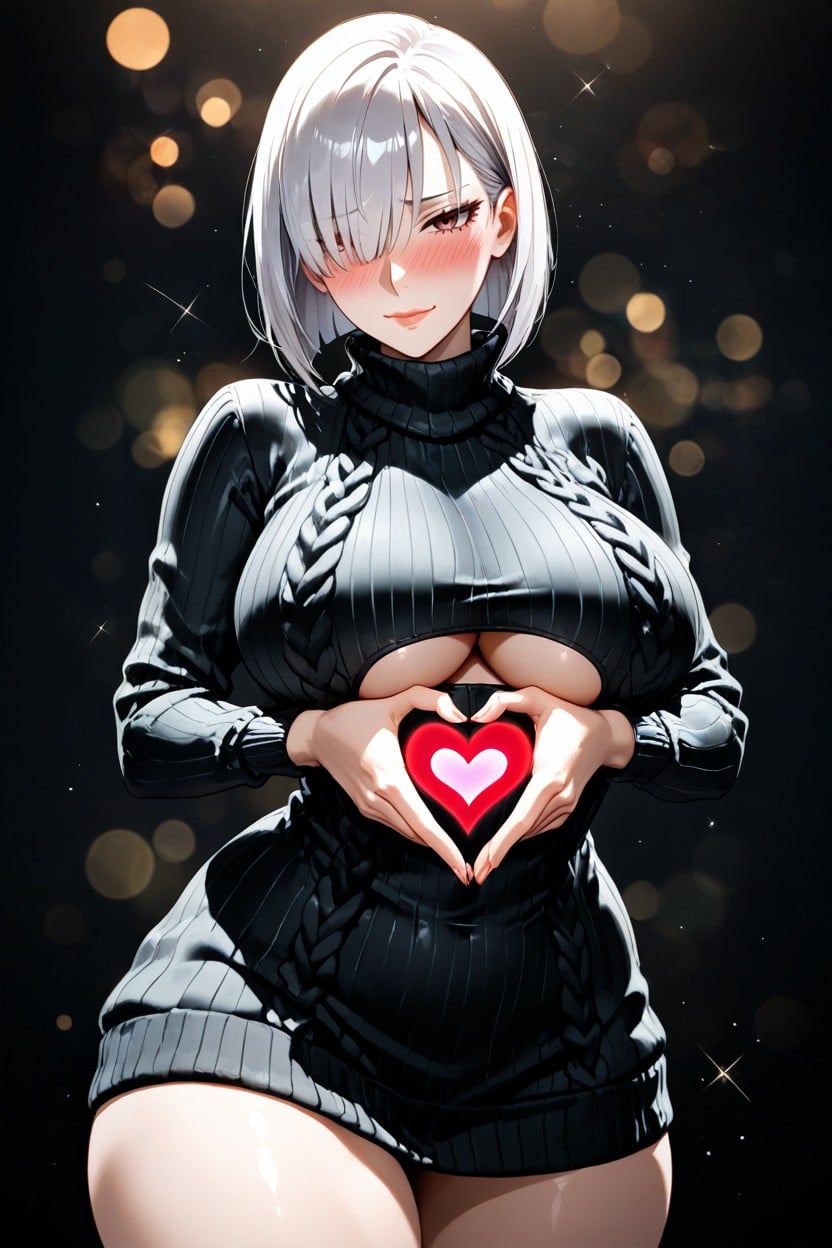 Hand Heart Signs, Blushing, Cheerful Expression Hentai AI Porn