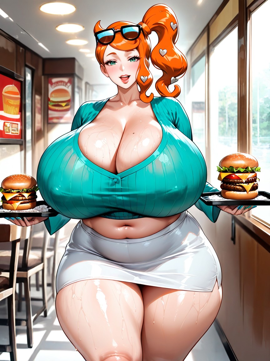 Green Eyes, Showing Teeth, One Hand Holding Burger Tray Porno IA
