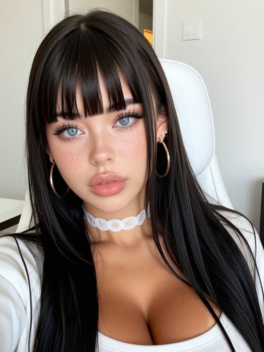 Bangs, Sitting On A White Gaming Chair, Dark Black Eye Liner AI Porn