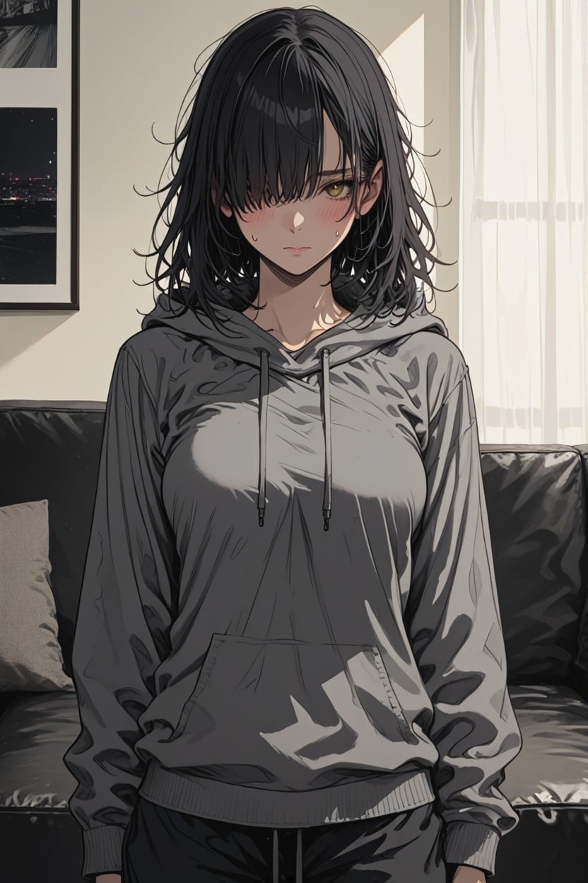 Female, Outline, Gray Hooded Sweatshirt Hentai AI Porn