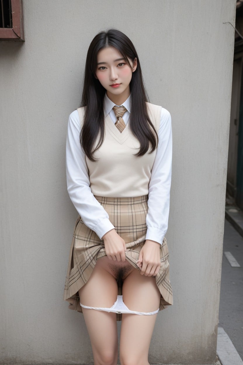 Beige Plaid Skirt, Standing, 18+ Asian AI Porn