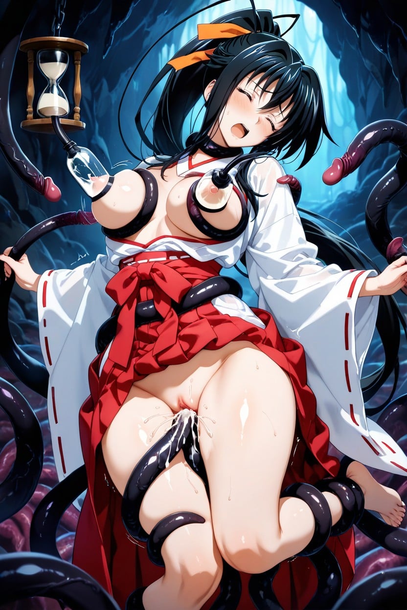 Tentacle Restraints, Long Red Pleated Hakama, Large Red Ribbon Tied At The Waist Hentai AI Porn