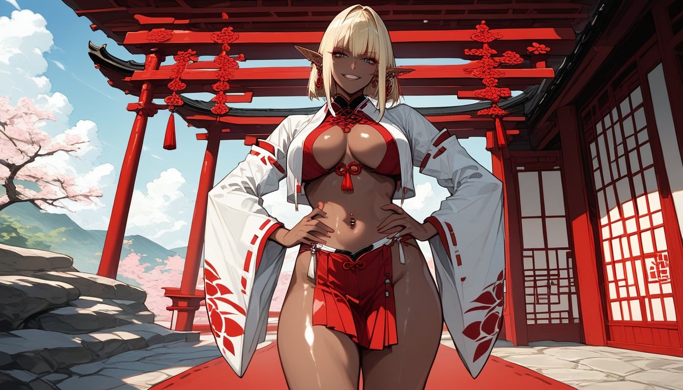 Outside Asian Temple, Standing On The Stairs, Detached White Sleeves Hentai AI Porn