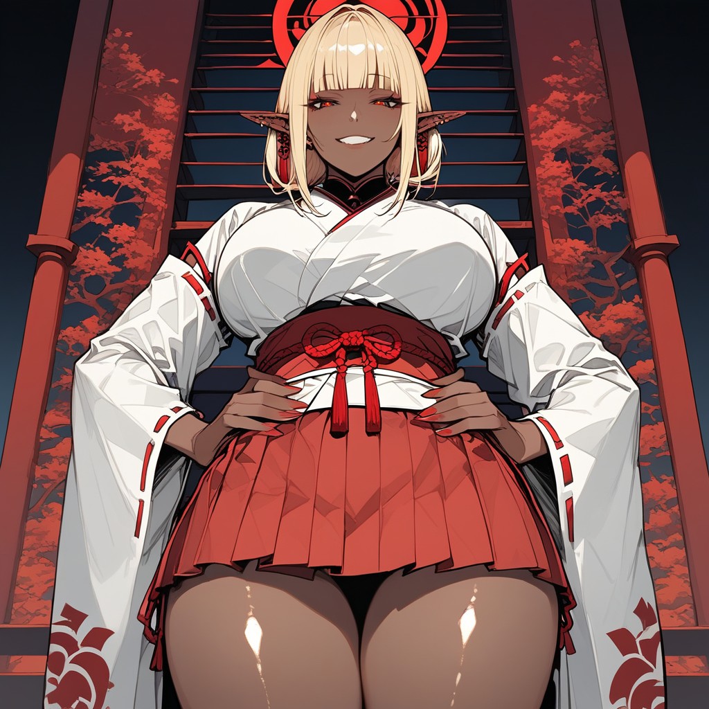 Standing On The Stairs, Shrine Maiden, Leaning Towards Viewer Hentai AI Porn