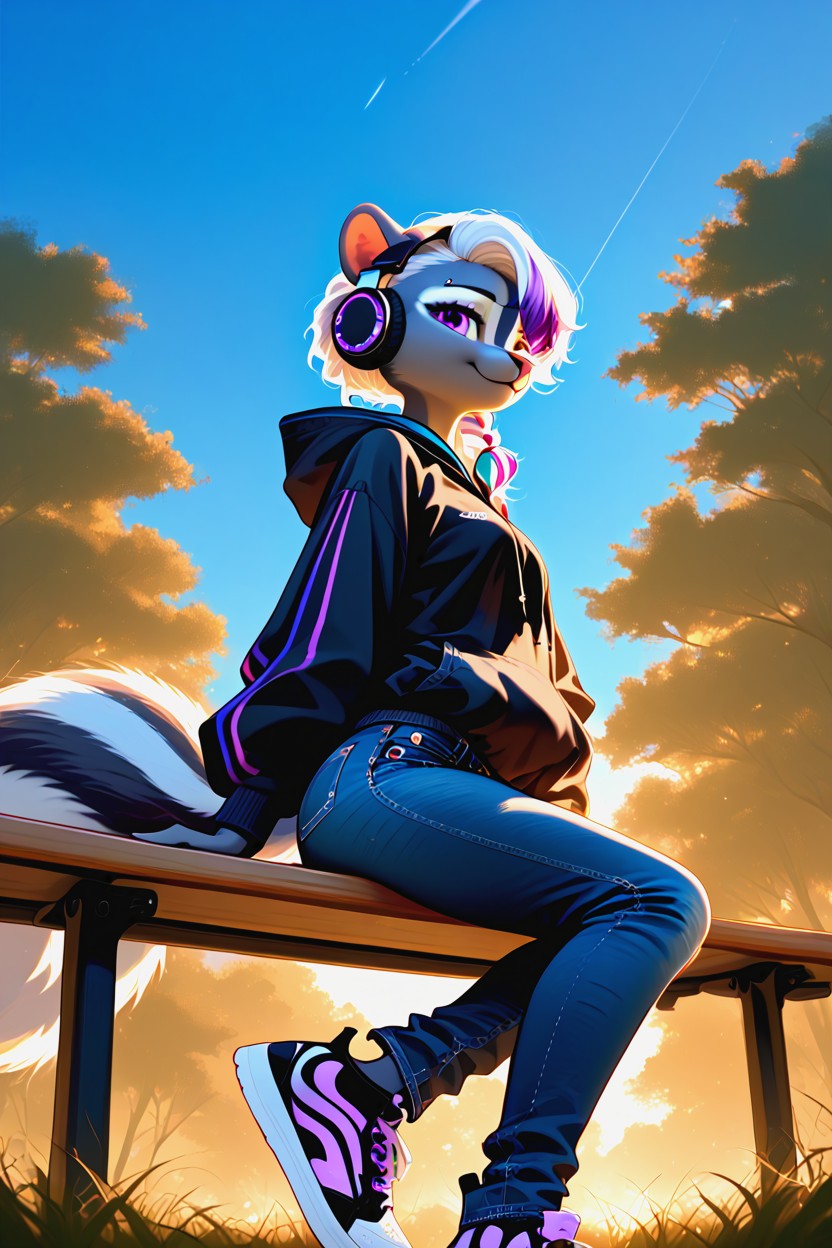 Dawn, Big Purple Headphones On, Cinematic Furry AI Porn