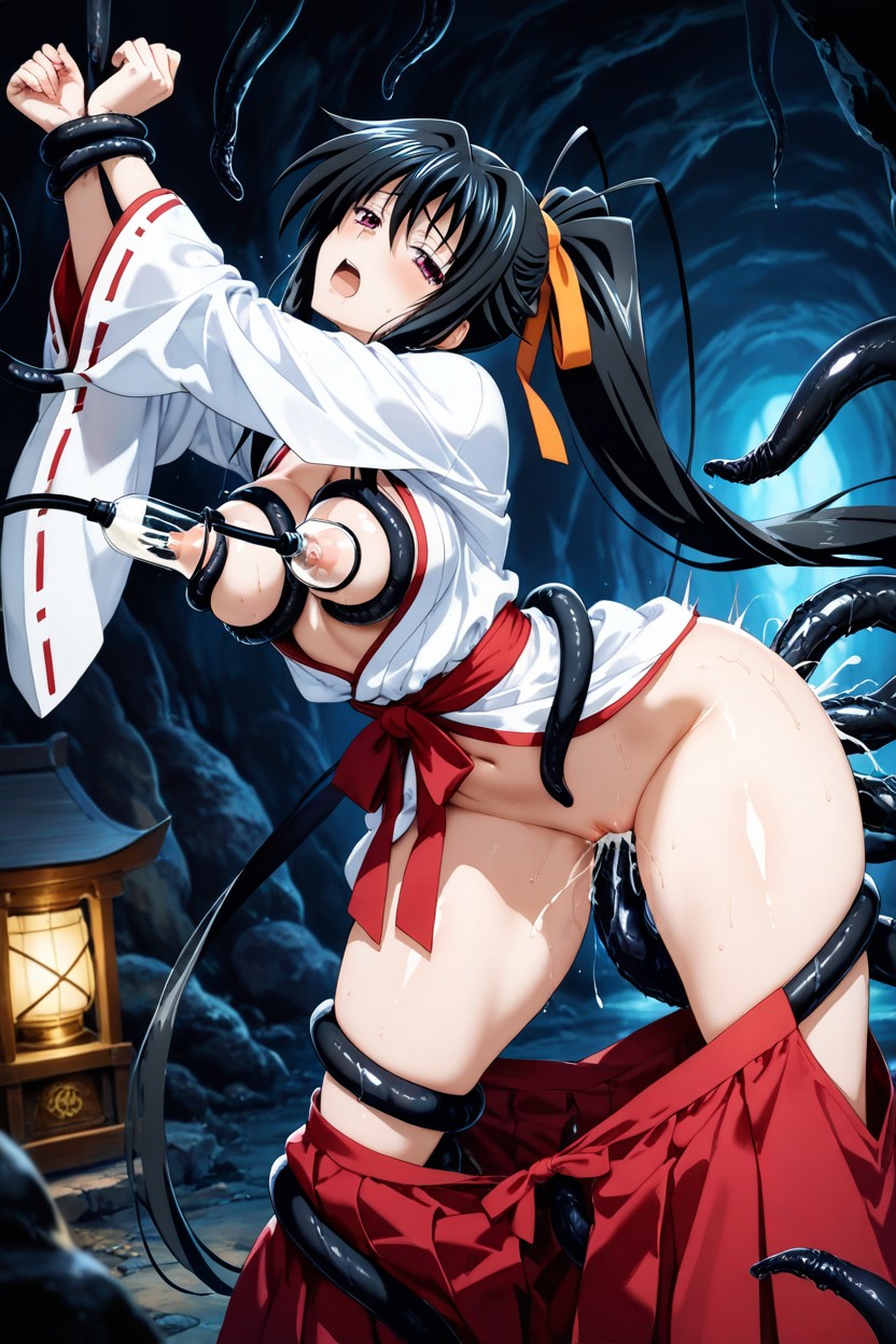 Tentacles Around Body, Large Red Ribbon Tied At The Waist, Orange Ribbon In Dark Long Ponytail Hentai AI Porn