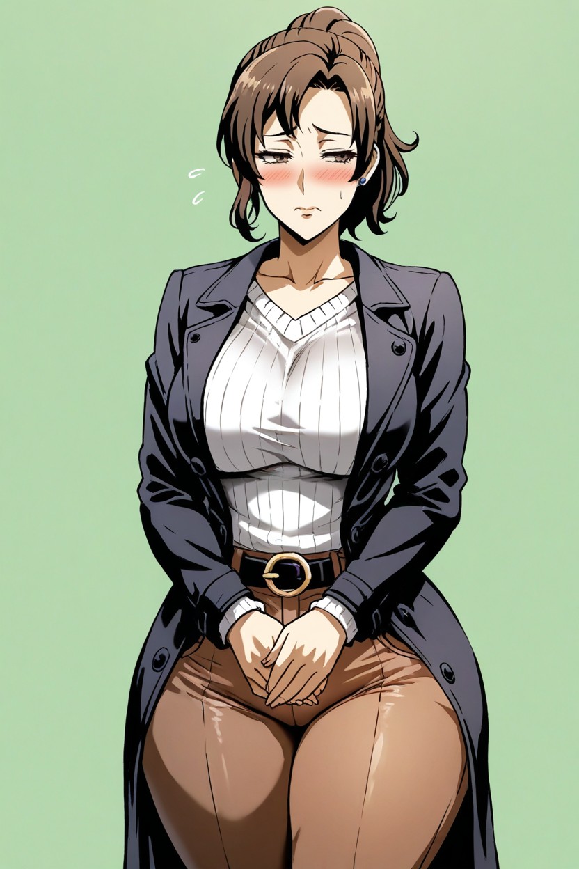 Natural Breasts, Frowning, White Sweater Hentai IA