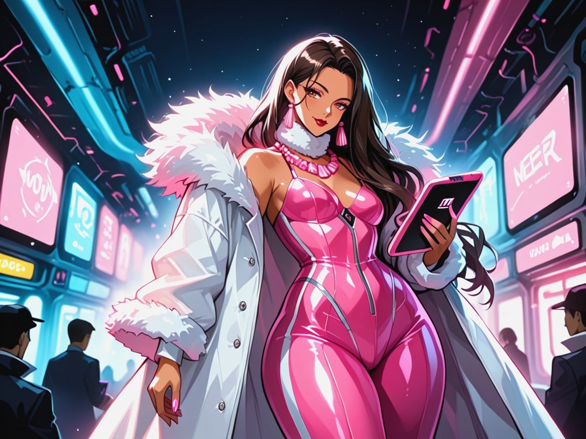 Pink Space Suit With White Fur Collar, News Ticker In Distance, Bokeh AI Porn