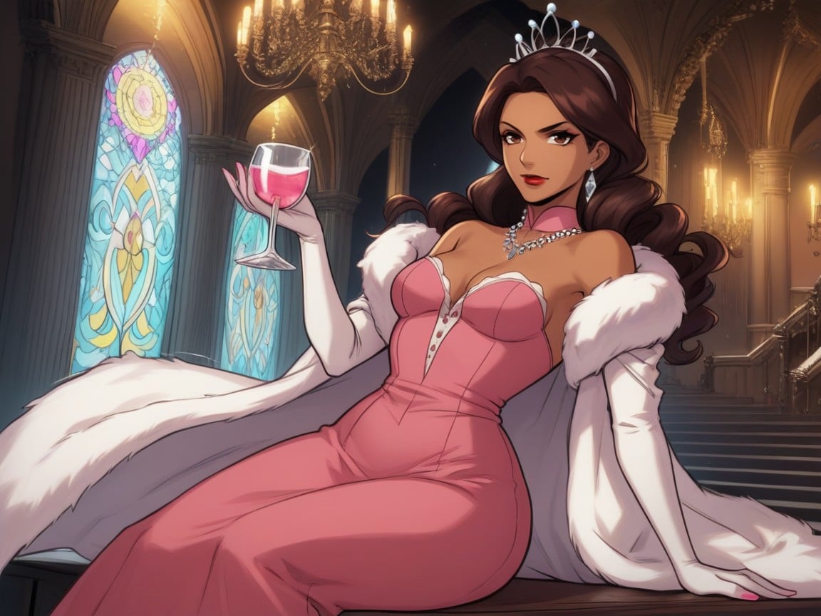 Wearing Pink Modern Clothes With White Fur Trim, Shading Effects, Sloped Shoulders 라틴 AI 야짤