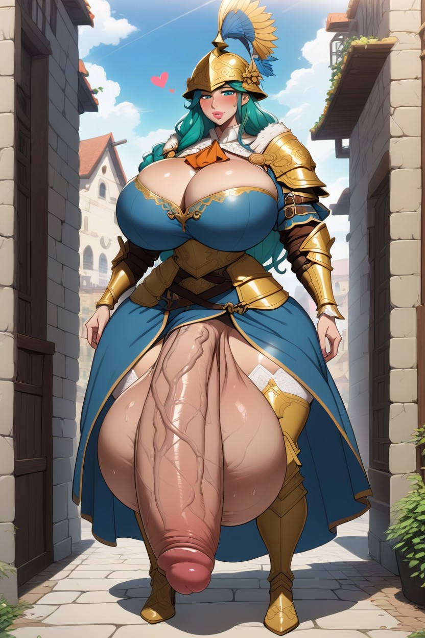 Amazon, Fantasy Medieval Dark Blue Armor With Gold Accents, Sweaty Skin 人妖AI黃片