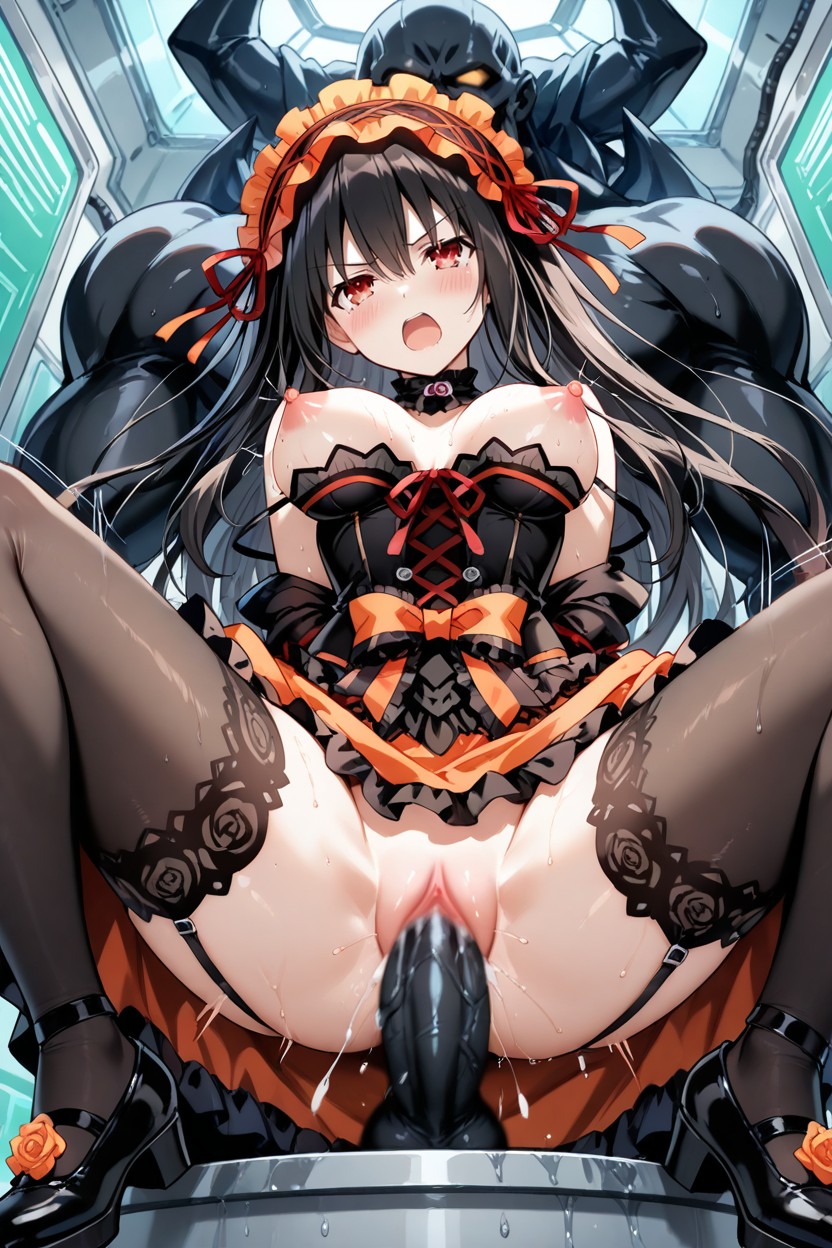 Medium Breasts, Elegant Gothic Dress With Black And Orange Layers, Orgasm Hentai IA