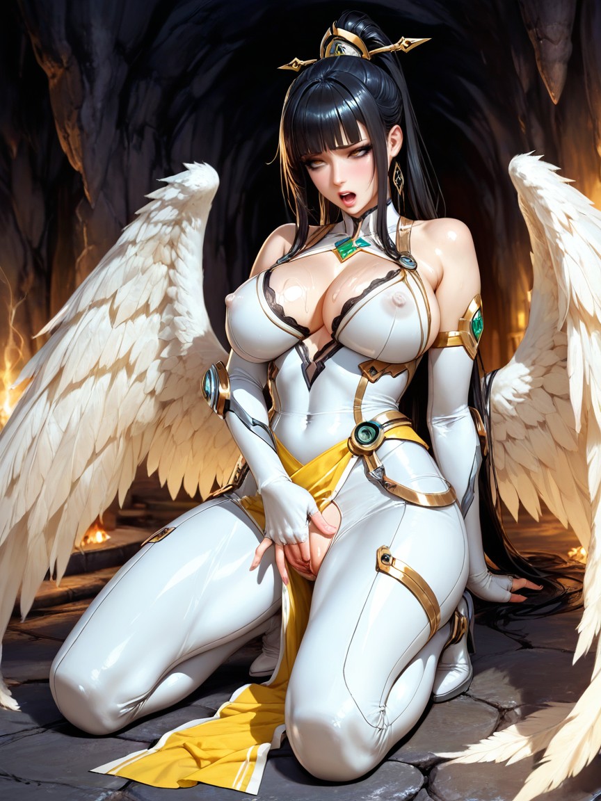 Dominant Colours Are White And Grey, Large White Futuristic Hair Circlet On Head, Straight Ponytail Hentai AI Porn