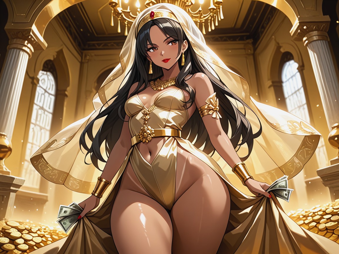 Smooth Flowing Curves, Gold Silk Desert Wrap, Window Background AI Porn