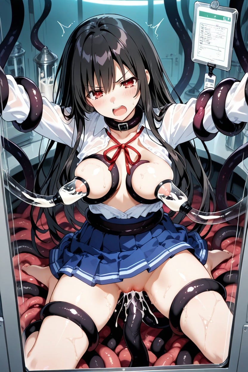 Sex With Tentacles, Black Tentacles Grabbing Neck, Pleated Blue Skirt Hentai AI Porn
