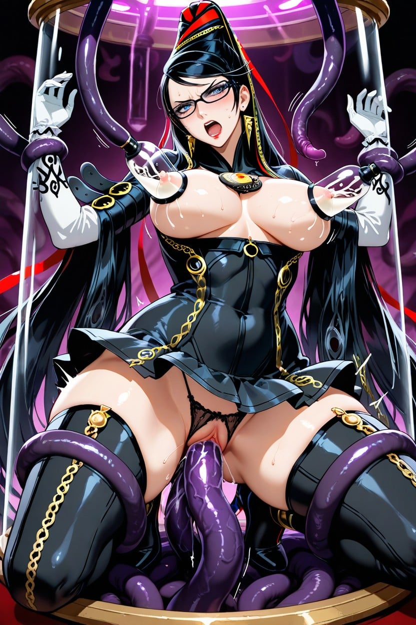 Exposed Pussy, Double Penetration, Black Tentacles Grabbing Neck Hentai AI Porn