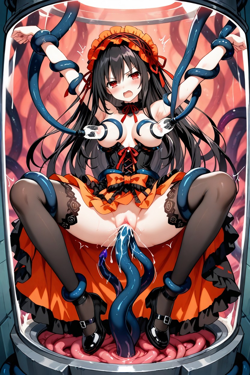 Kurumi Tokisaki From Date A Live, Red Ribbons And Lace Details, Tentacle Restraints Hentai AI Porn