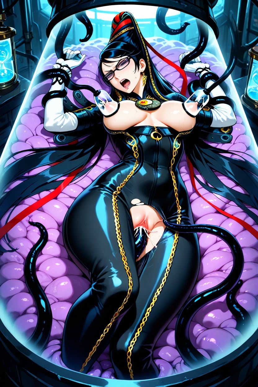 Very Long Black Hair Tied Up With Red Ribbons, Angry, Wide Hips Hentai AI Porn