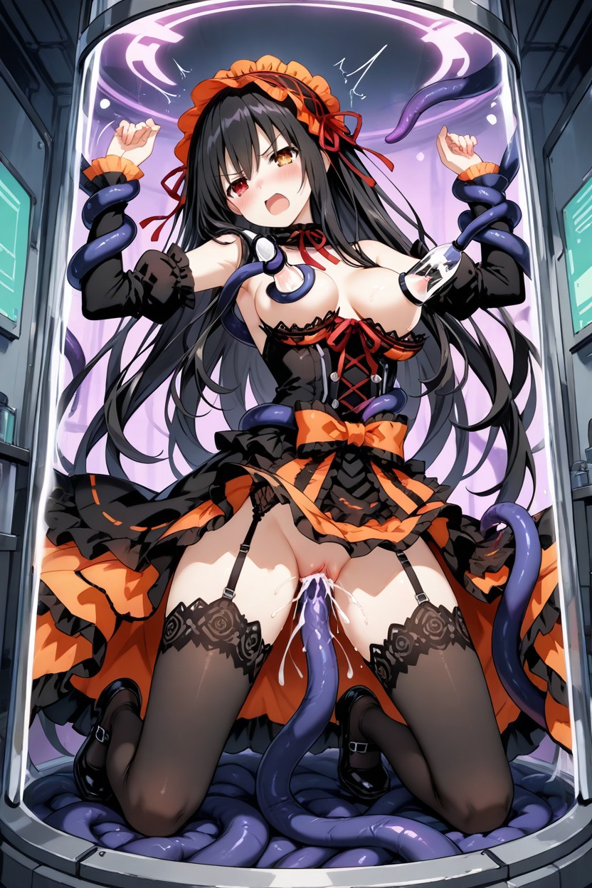 Red Ribbons And Lace Details, Elegant Gothic Dress With Black And Orange Layers, Detailed Victorian-inspired Outfit Hentai IA
