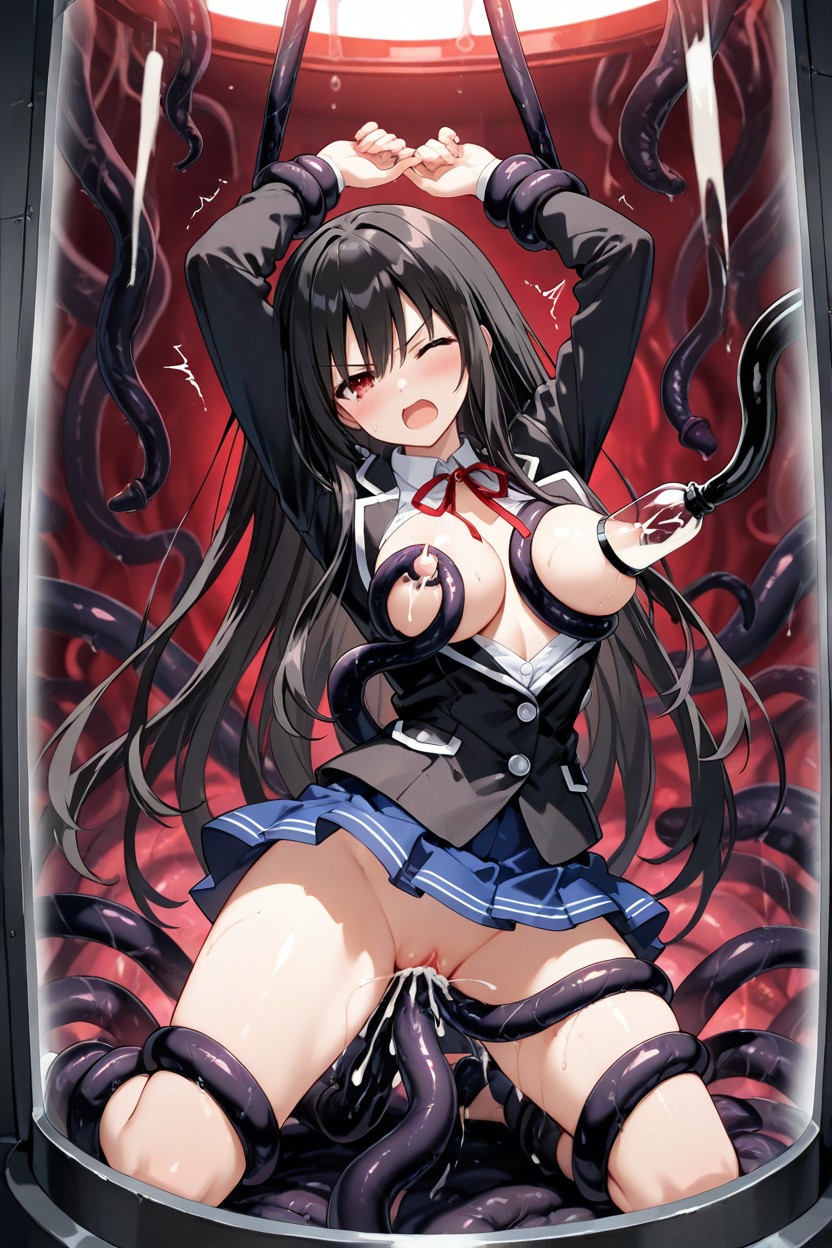Tentacles Grabbing Breast, Wearing A Dark Navy Blazer With White Trim And Silver Buttons, In Laboratory Hentai AI Porn