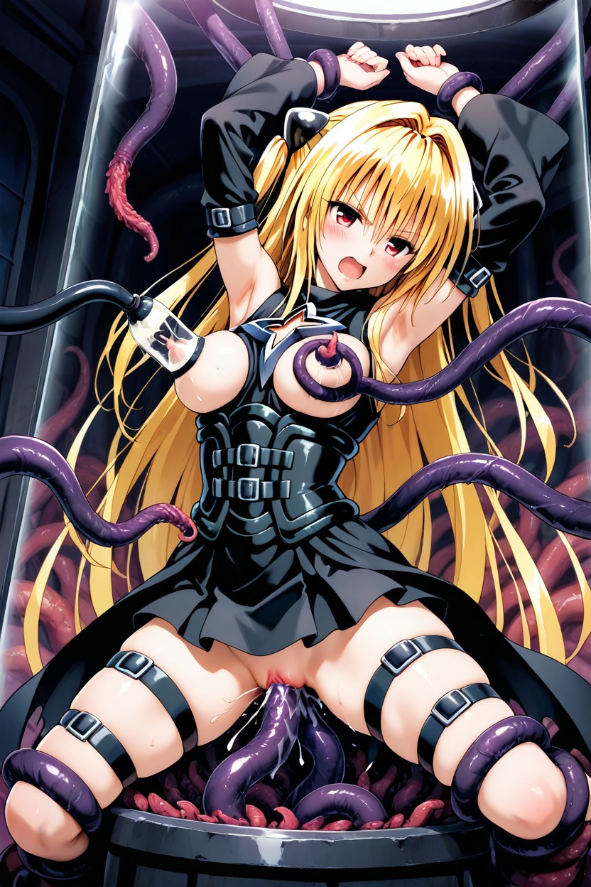 Black Corset Dress With Multiple Straps And Buckles, Tentacles Grabbing Breast, Tentacles Grab The Thigh Hentai AI Porn
