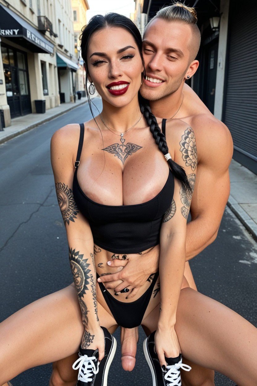 Bimbo Slut, Hyper Extreme Bulging Deep Cleavage, Undercut Hair AI Porn