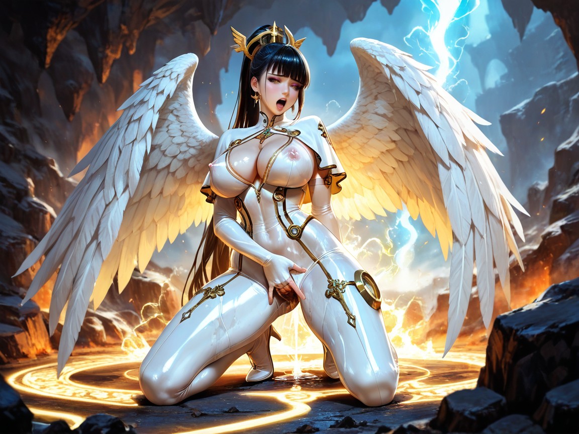 Warm Lighting Colour Tones, Female Masturbation, Glowing Light Energy Streams And Rocks Hentai AI Porn