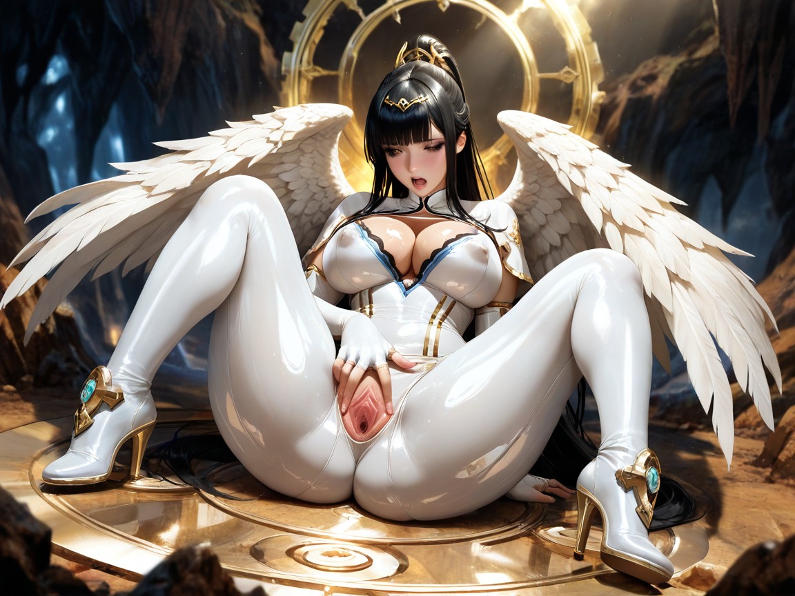 Very Cropped Capelet, Absurdly Large Ornate Carved Circular Dais, Soft Glowing Light Streams And Rocks Hentai AI Porn