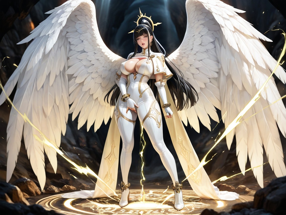 Straight Ponytail, One Large White Gothic Angel Wing, Warm Lighting Colour Tones Hentai IA