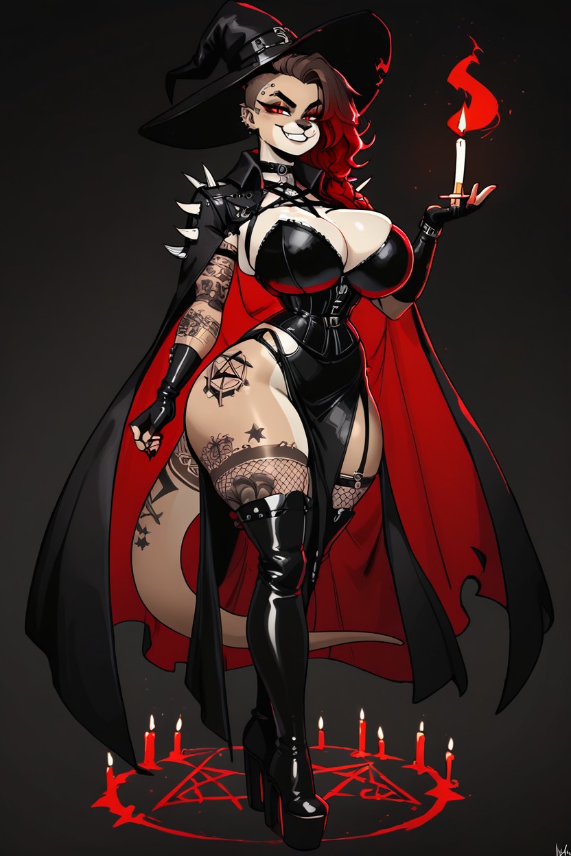 Fingerless Gloves, Smug Expression, One Side Slit Skirt Furry AI Porn