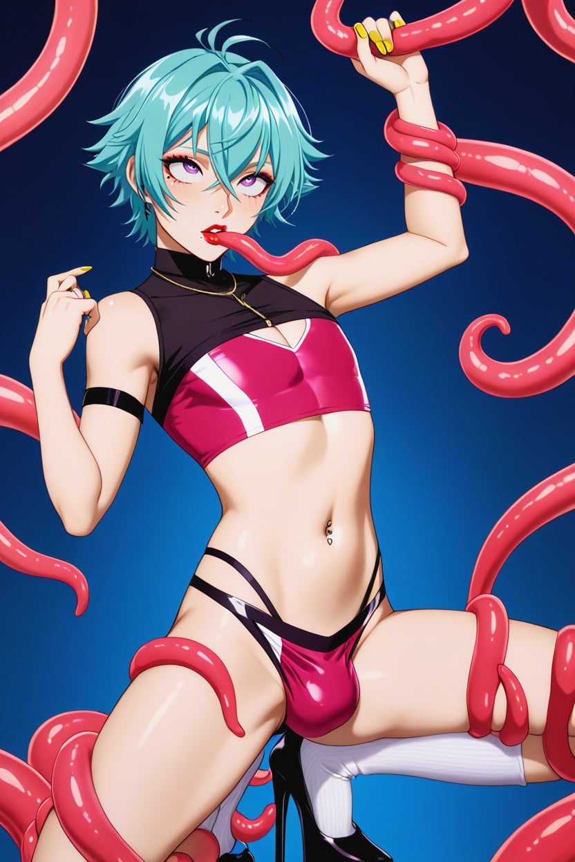 Purple Eyes And Yellow Pupils, Random Style, Blue Platform Heels Hentai AI Porn