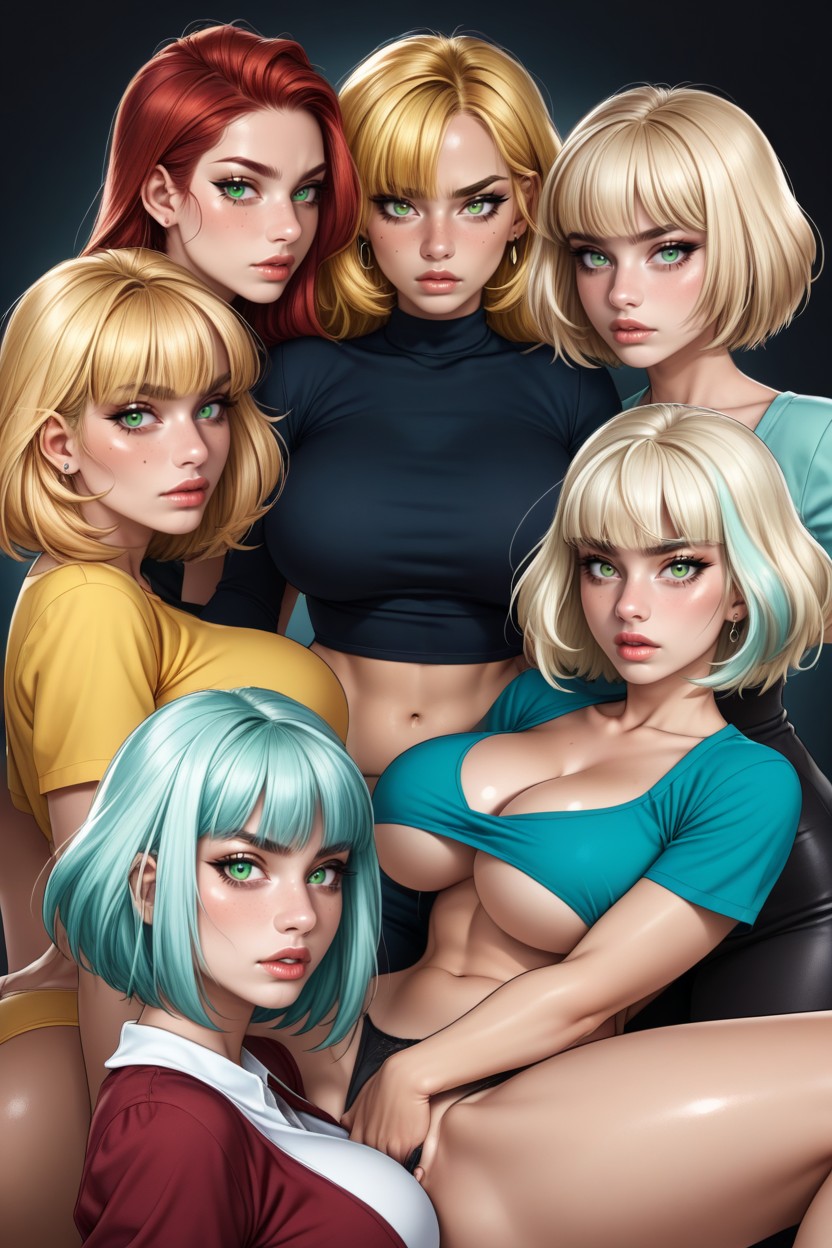 Beautiful Big Round Eyes, Green Eyes, Slicked Hair Hentai AI Porn