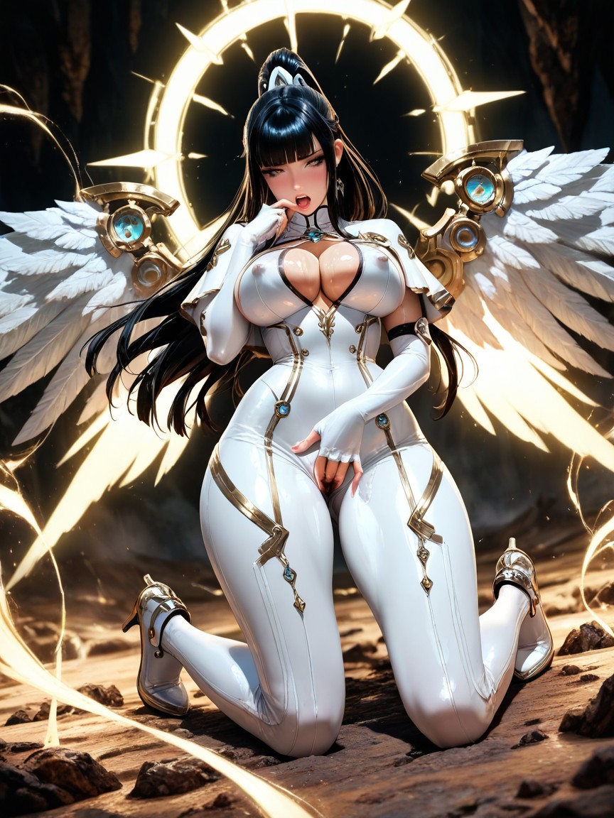 Tocándose La Cara, Oversized Futuristic White Head Circlet, Single Massive White Gothic Angel Wing Wing Larger Than Body Hentai IA