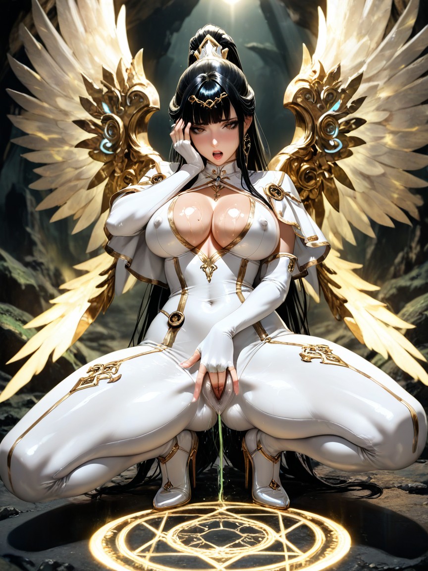 Mascara, Futuristic Gothic White And Grey Sleeveless Combat Full Bodysuit, Fingerless Elbow Gloves With Ornate Metallic Ornaments Hentai AI Porn