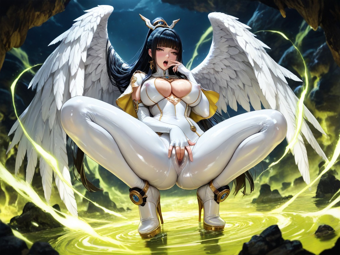 Soft Glowing Light Energy Streams Flowing Up From Rock, Skinny, Single Massive White Gothic Angel Wing Wing Larger Than Body Hentai AI Porn