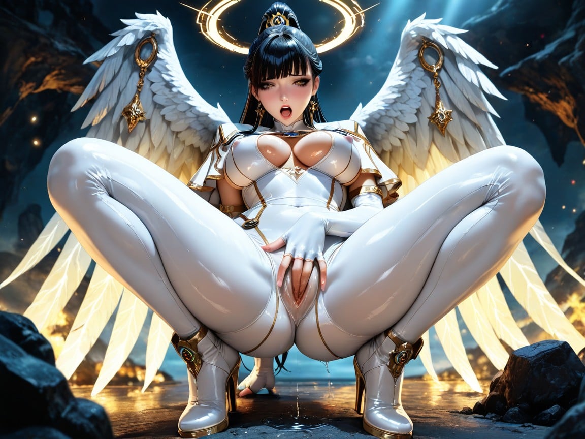 Futuristic Gothic White And Grey Sleeveless Combat Full Bodysuit, Skinny, Circular Cleavage Hentai AI Porn