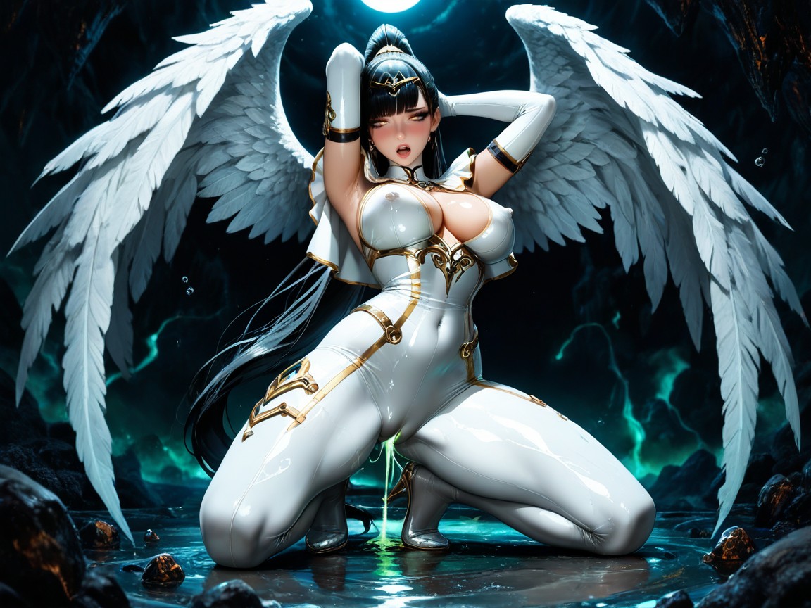 One Massive White Gothic Angel Wing Wing Larger Than Body, Mascara, Skinny Hentai AI Porn