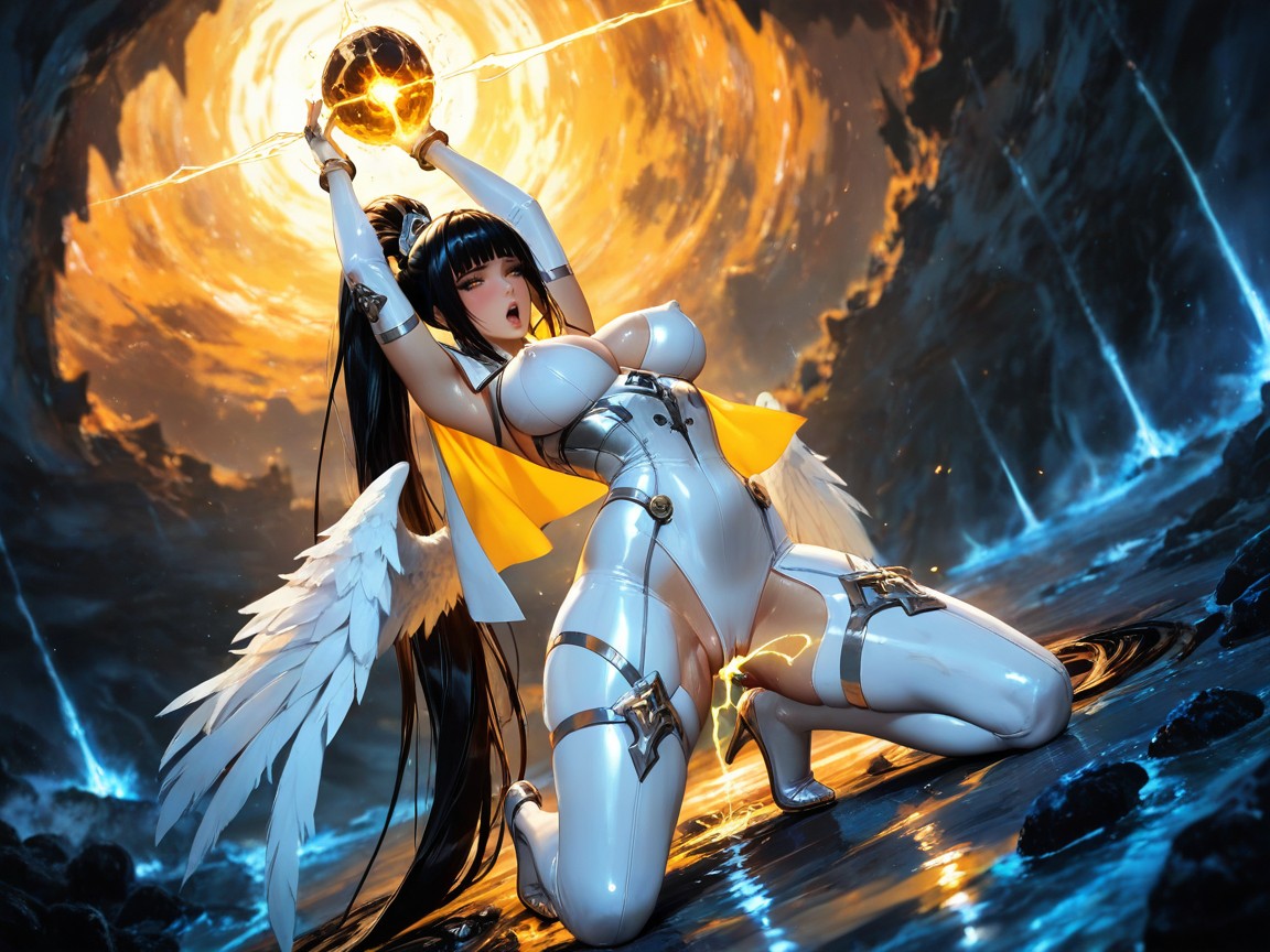 25+, Erect Nipples, Futuristic Gothic White And Grey Sleeveless Combat Full Bodysuit Hentai AI Porn